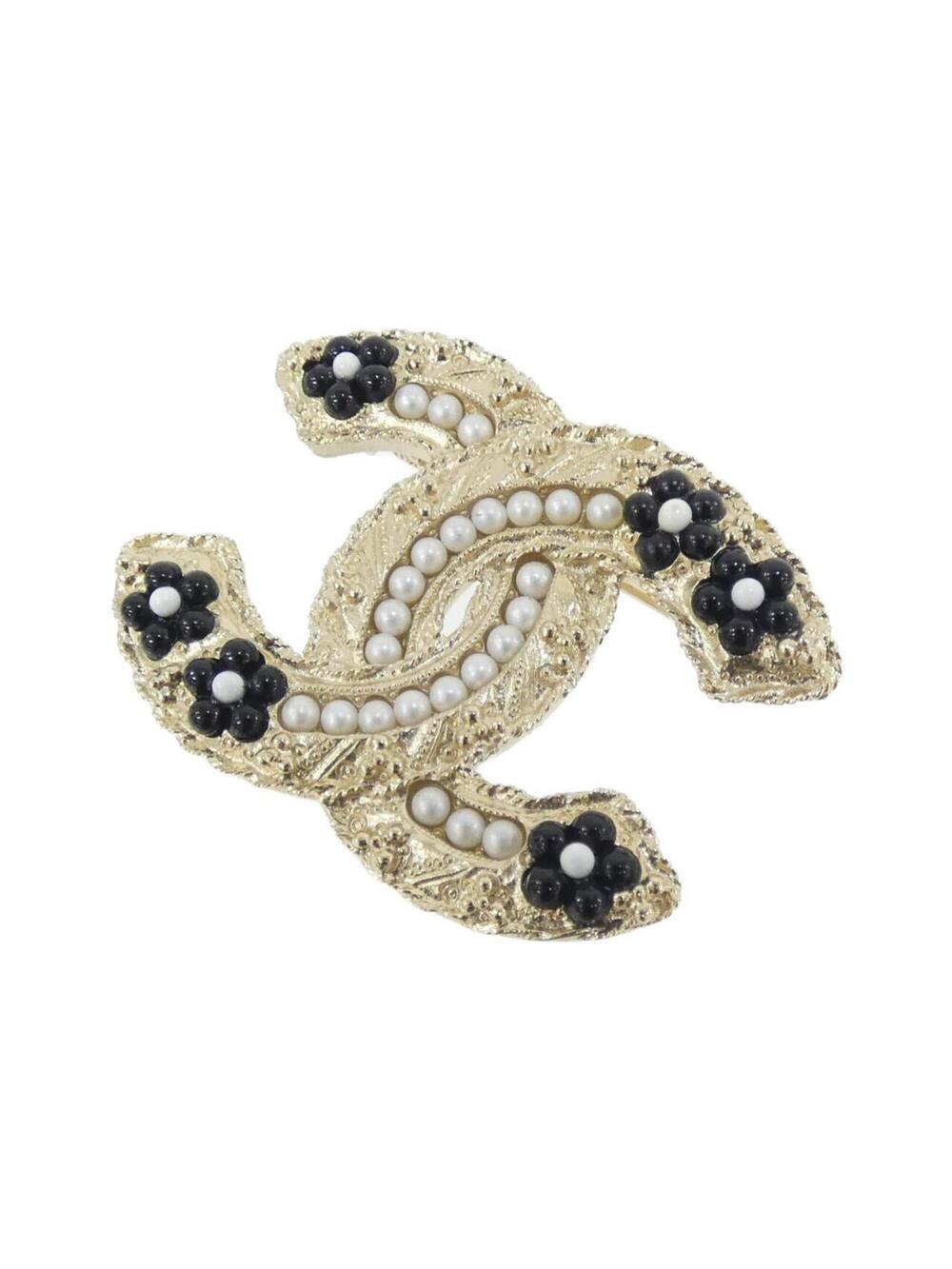 Chanel Brooch Metal Black White Gold #371473C10B